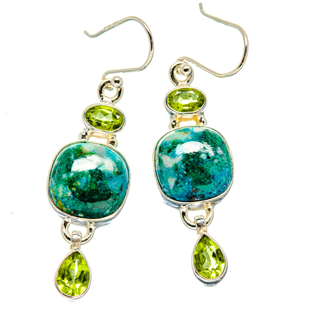 Chrysocolla & peridot drop earrings: oval teal stones, green dangles, 925 silver