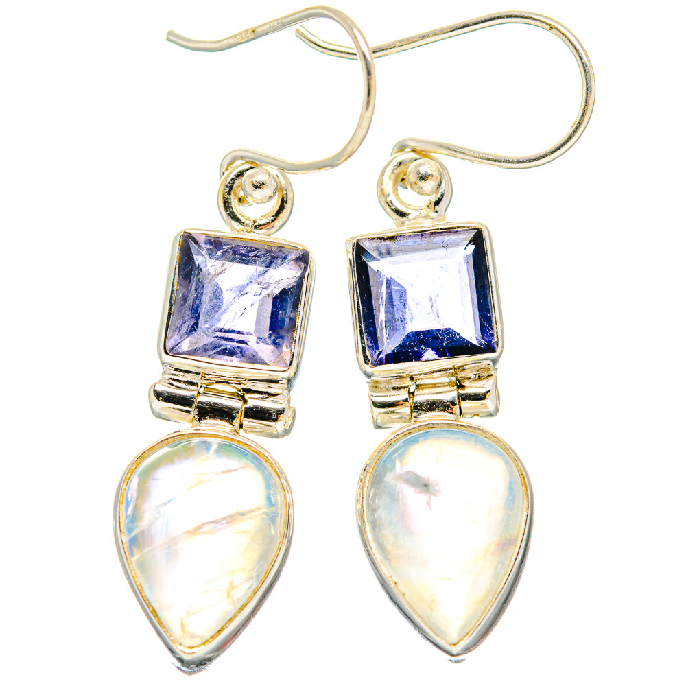 Tanzanite and moonstone drop earrings: blue square stone, pear opal drops, 925 silver
