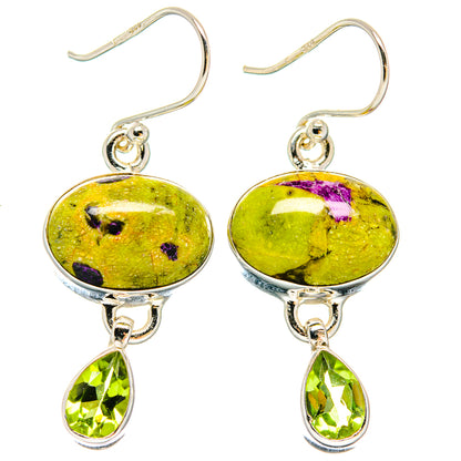 Sterling silver dangle earrings with oval green gemstone, purple flecks, and green teardrop charms
