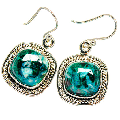 925 sterling silver chrysocolla drop earrings, round bezel with teal stone and hook