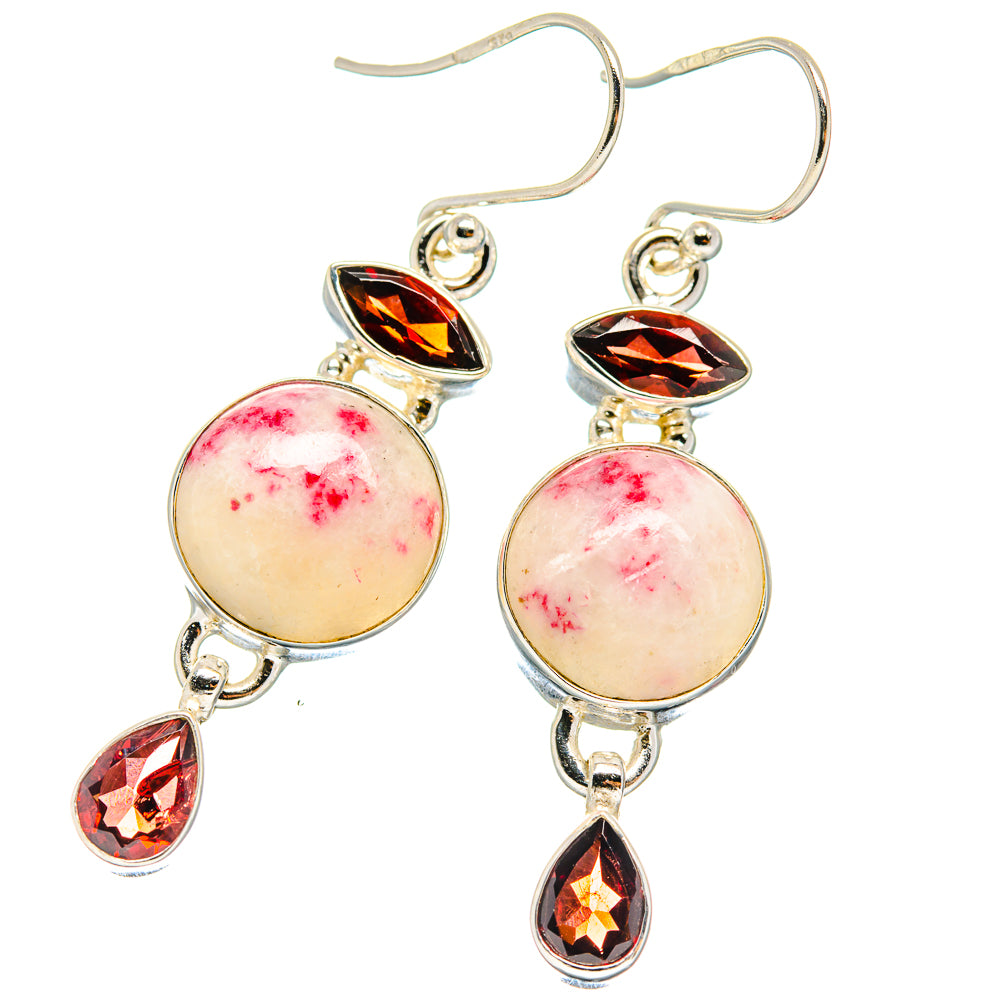 Garnet drop earrings with round pink stone, black-red marquise accents, and dangling teardrop