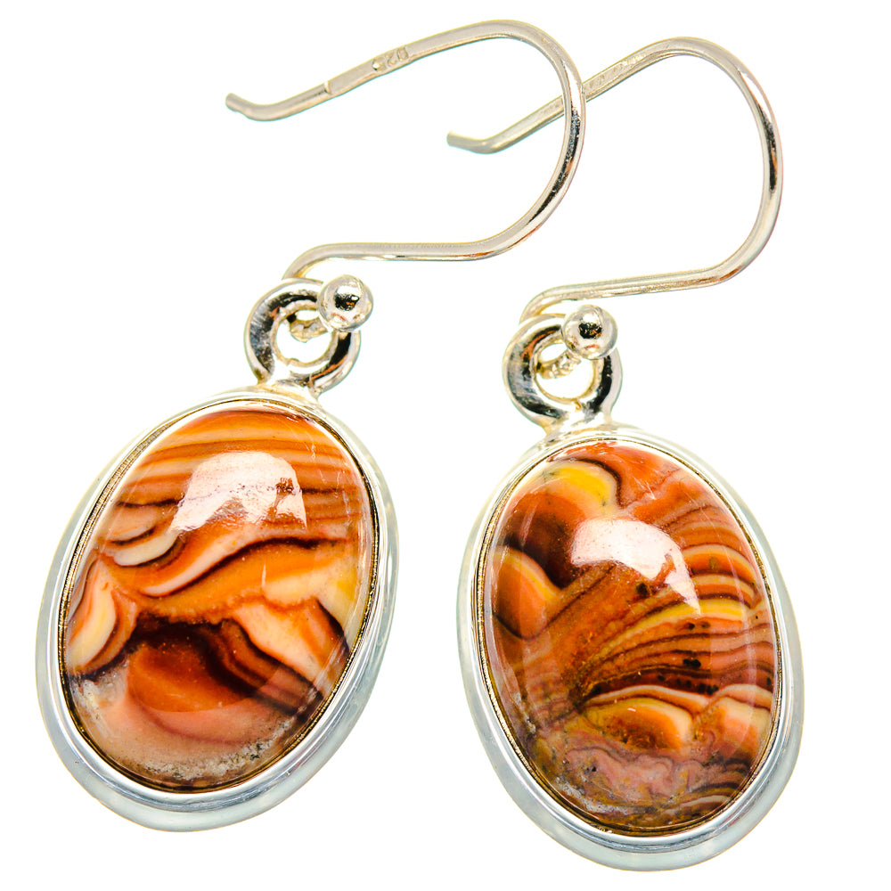 925 sterling silver hook earrings with oval mookaite stones, warm orange and gold bands