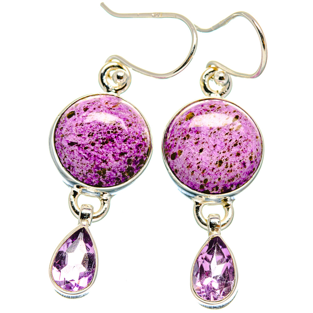 Amethyst and sterling silver dangle earrings with round purple cabochon and teardrop drops