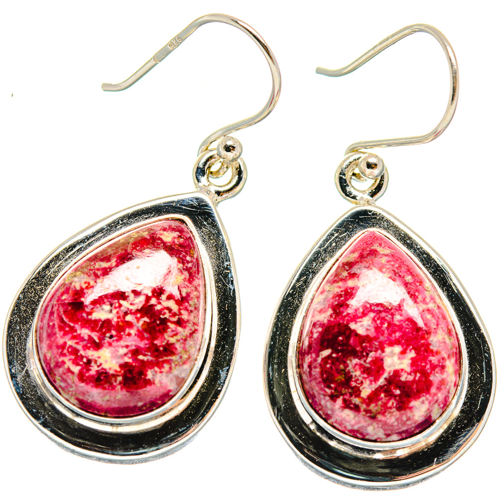 925 sterling silver teardrop thulite earrings, black rim, pink-red speckled stone