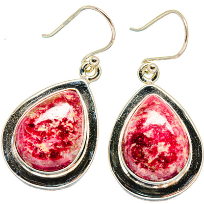 925 sterling silver teardrop thulite earrings, black rim, pink-red speckled stone