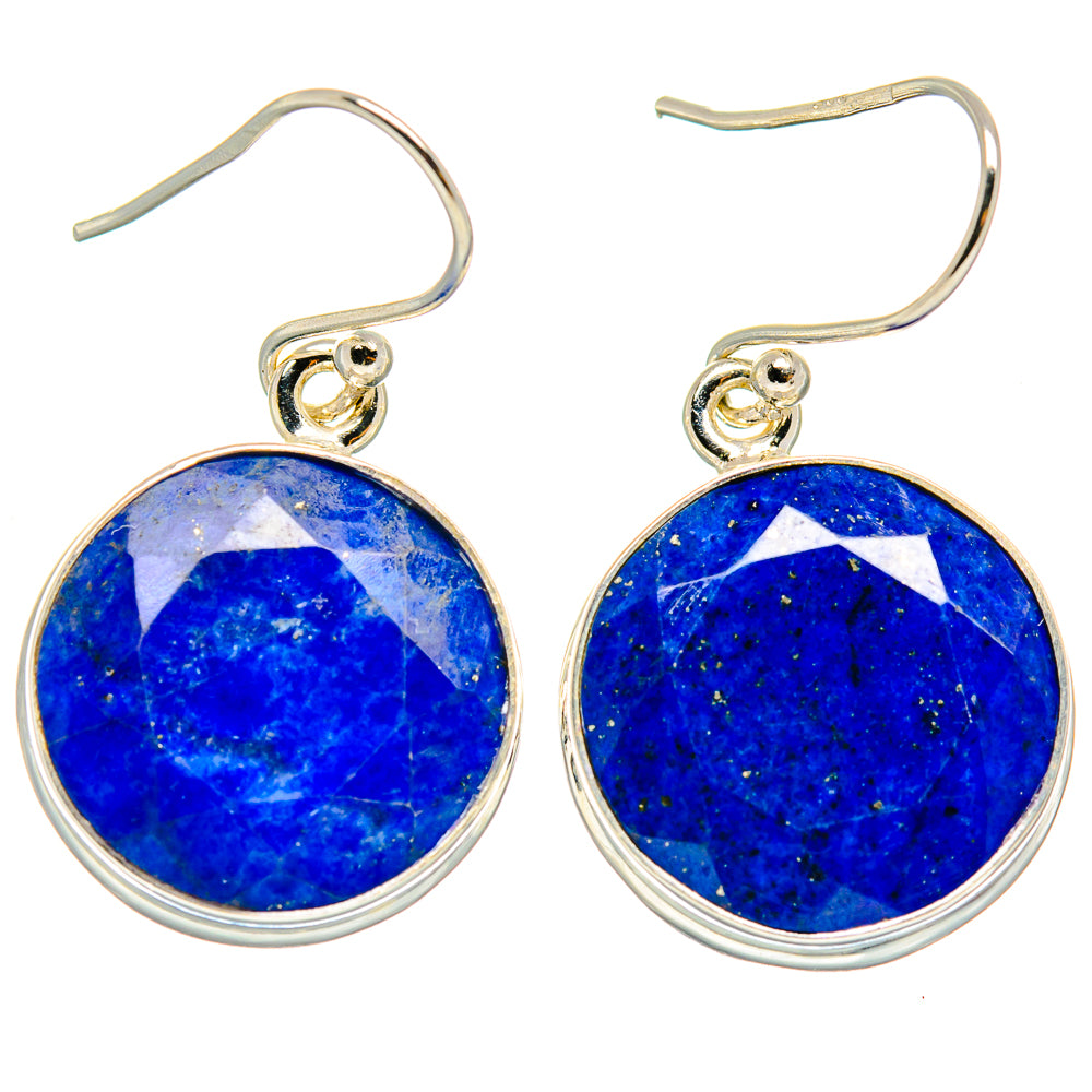 Pair of sterling silver lapis lazuli round drop earrings with blue stones and hooks