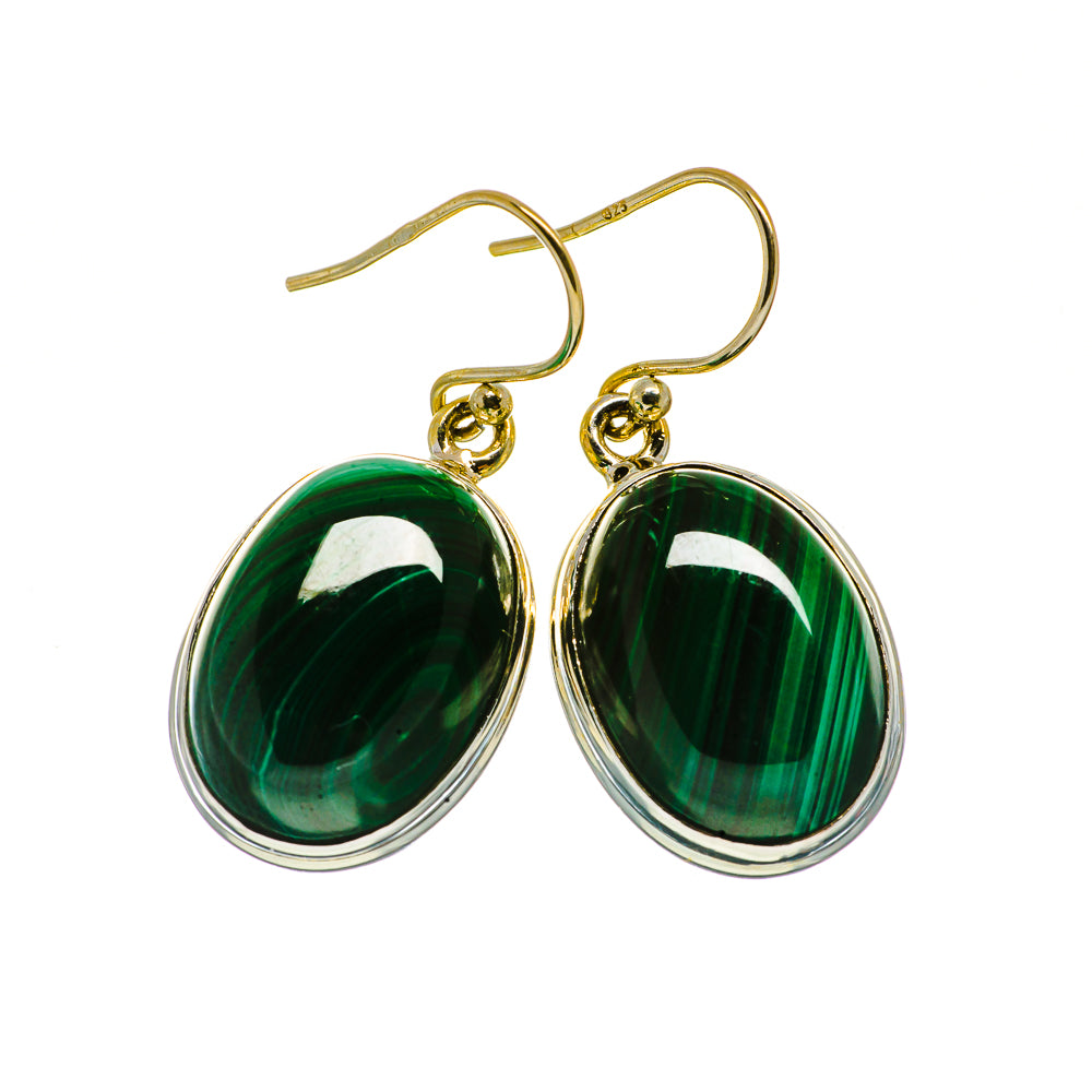 Malachite oval drop earrings with gold-tone hooks and green stone teardrop settings