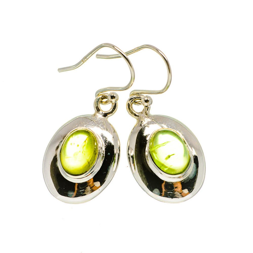Sterling silver peridot drop earrings, hinged hooks, oval green cabochon stones