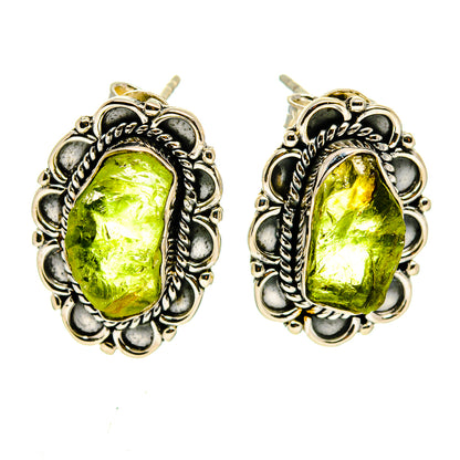 Oval rough green peridot stud earrings in ornate 925 sterling silver settings