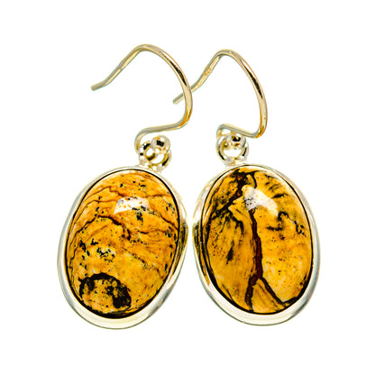 Oval picture jasper drop earrings in 925 sterling silver, gold and black stone pattern