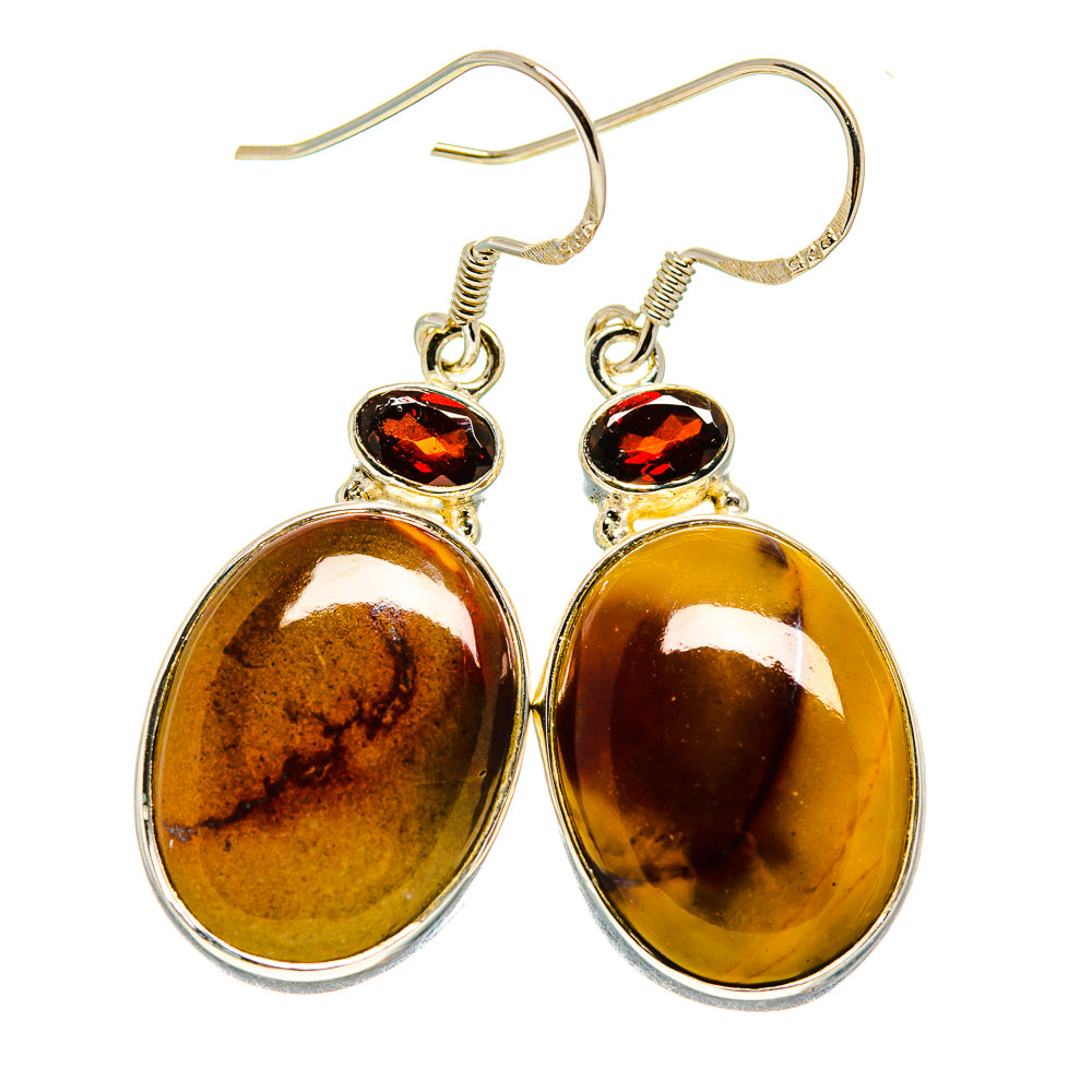Oval amber mookaite drop earrings with red garnet top, hinged silver hooks, pair view