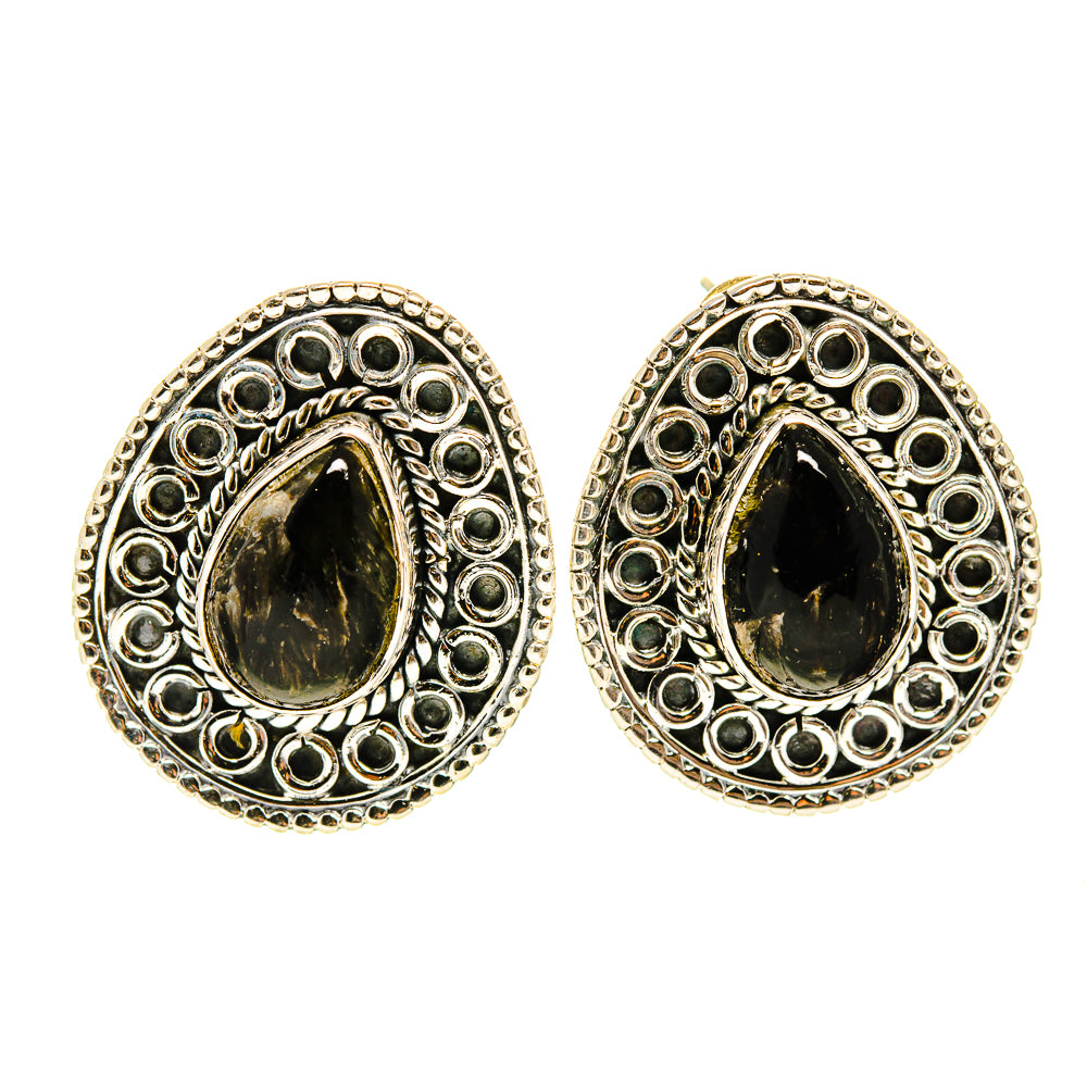 Silver oval filigree earrings with dark green teardrop gemstone cabochon
