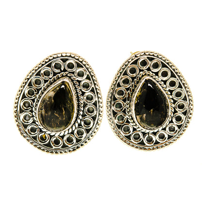 Silver oval filigree earrings with dark green teardrop gemstone cabochon