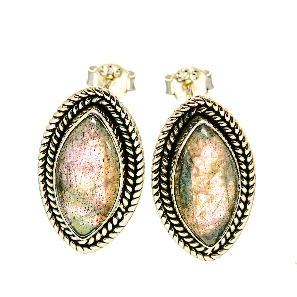 Pair of oval labradorite earrings with silver bezel settings and textured rope frames