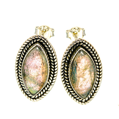 Pair of oval labradorite earrings with silver bezel settings and textured rope frames