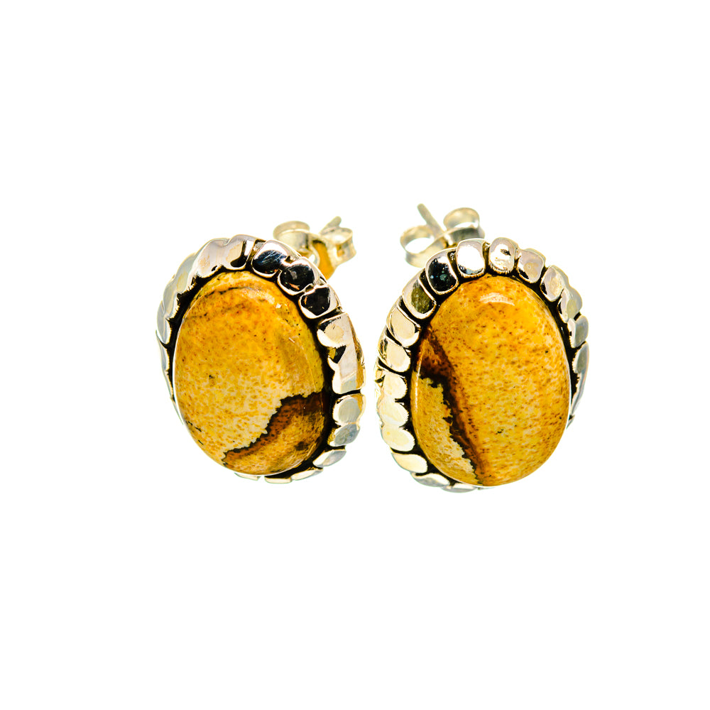Oval picture jasper stud earrings with yellow-brown stone, scalloped 925 sterling silver settings