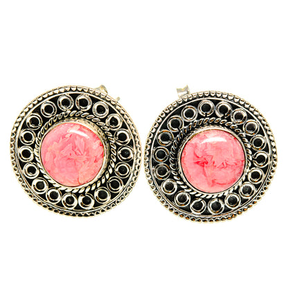 Pair of pink rhodochrosite stud earrings with round silver halo filigree frames