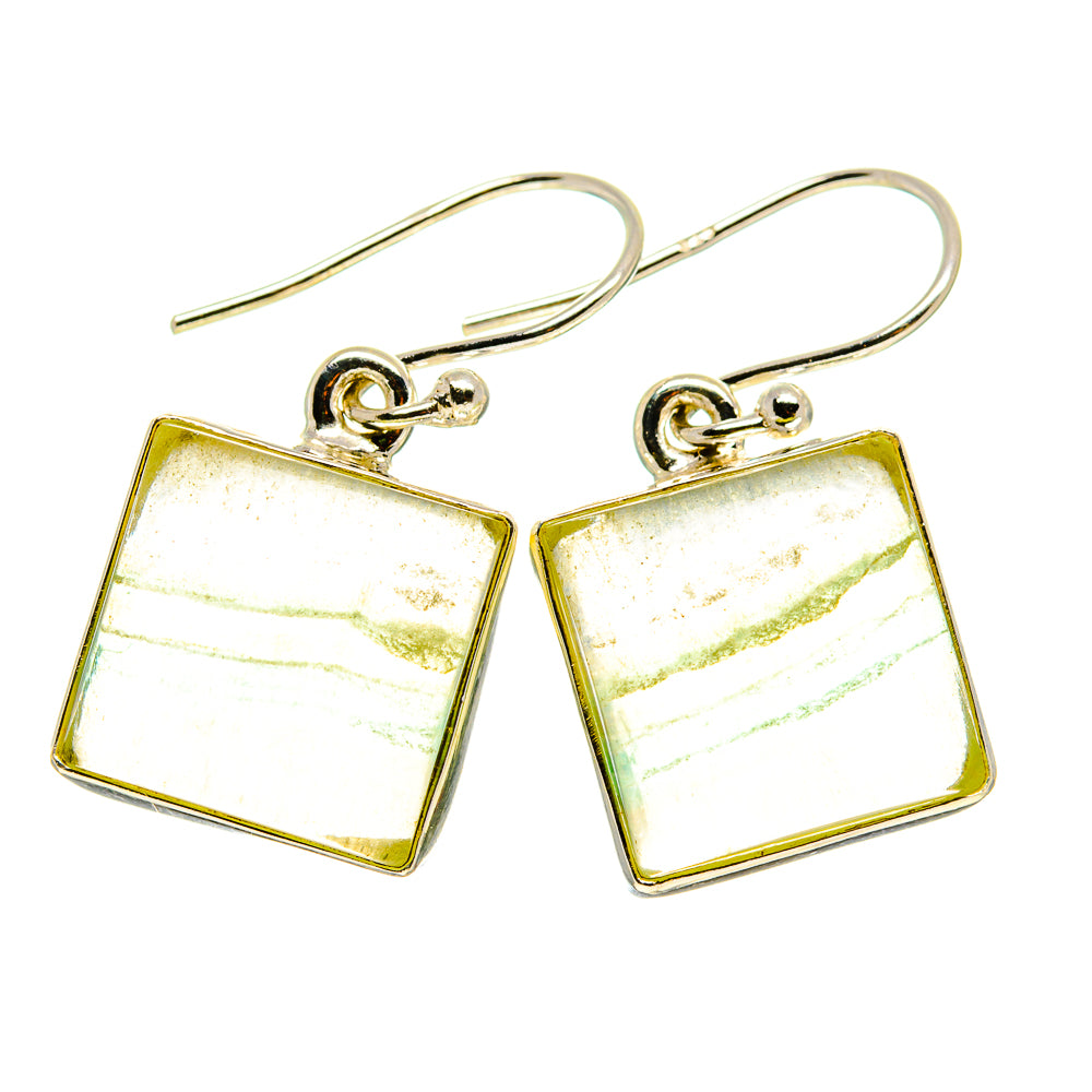 Pair of square green fluorite earrings with sterling silver hooks and frames