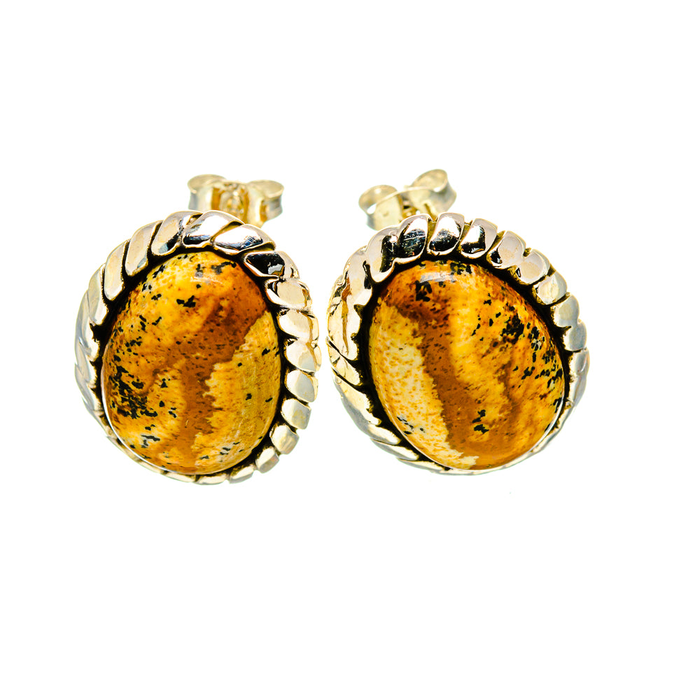 Oval picture jasper stud earrings in polished 925 sterling silver with textured bezel