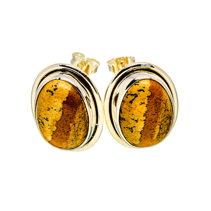 Pair of oval picture jasper stud earrings with bright yellow-brown stone in silver bezel