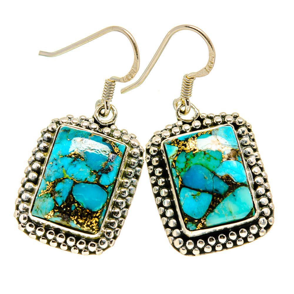 Turquoise drop earrings with square stone and silver beaded border, lever hooks