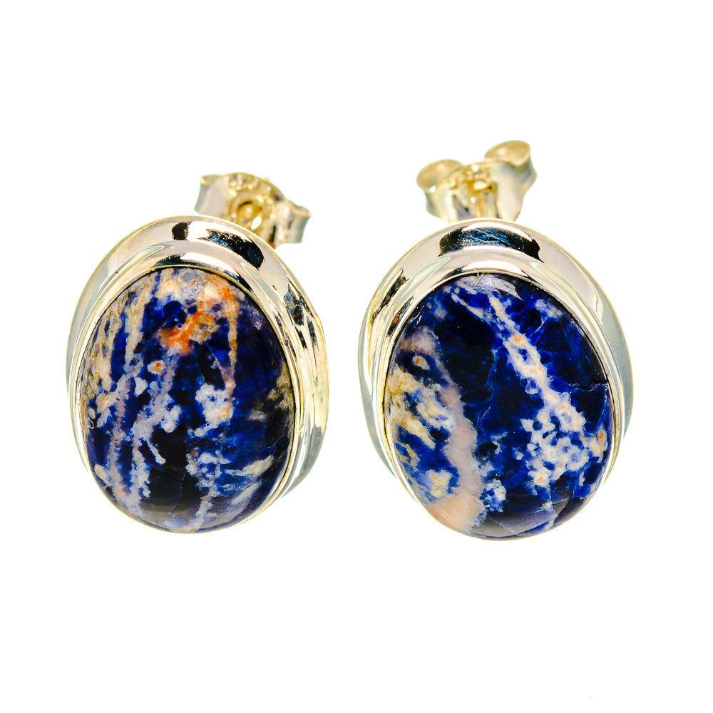 Oval sodalite stud earrings in 925 sterling silver bezel, blue stone