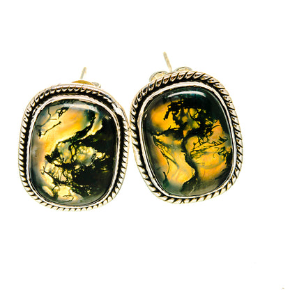925 sterling silver oval agate stud earrings with green, yellow, and black stone