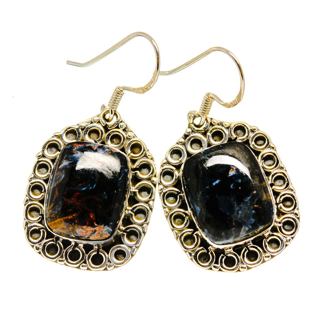 Pair of oval dark pietersite earrings with ornate antique silver scalloped bezel and hooks