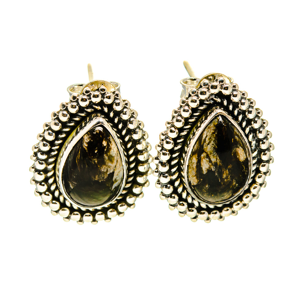 Golden seraphinite teardrop earrings in 925 sterling silver, beaded border, stud backs