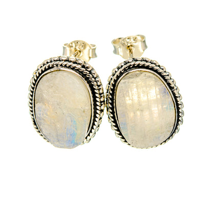 Oval moonstone stud earrings with rope-silver bezel and bezel-set iridescent stone