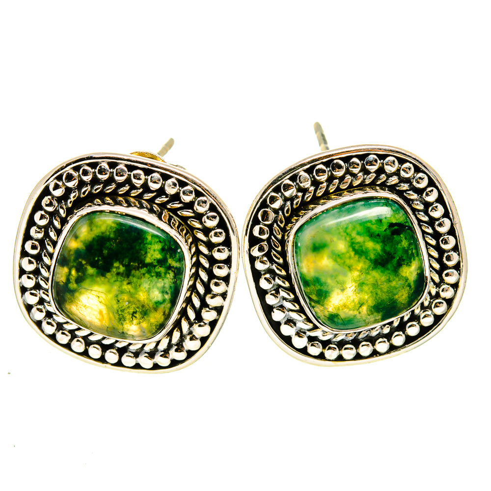 Silver stud earrings with green moss agate cabochons and beaded border around the bezel