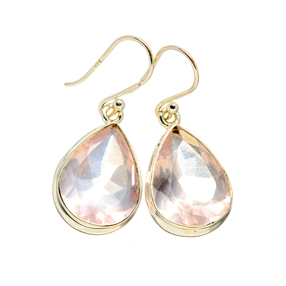 Teardrop rose quartz drop earrings in sterling silver, hook backs with pink faceted stones