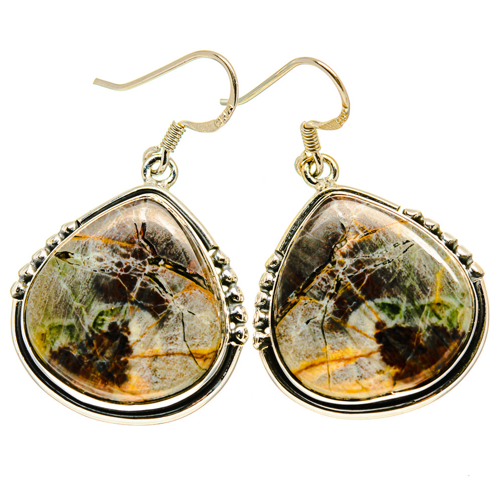 Pair of teardrop butterfly jasper earrings in polished sterling silver with dangle hooks