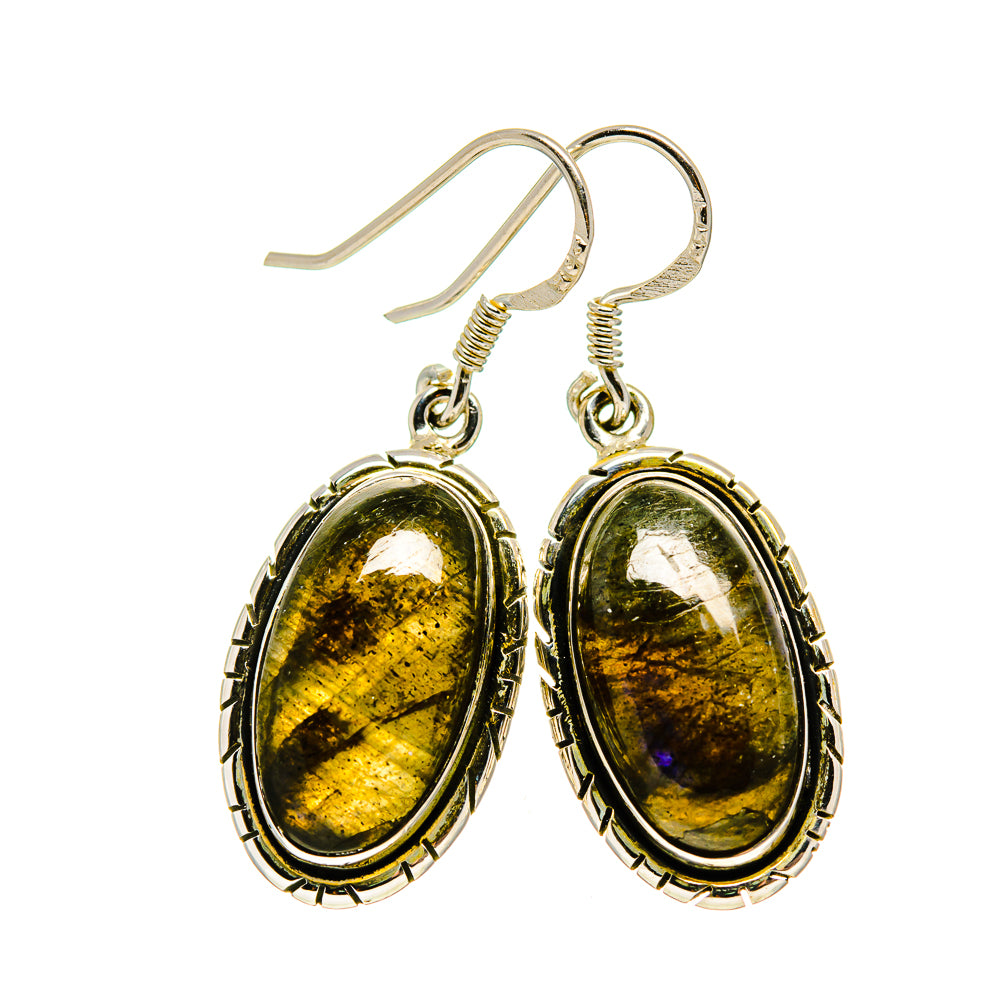 Oval labradorite drop earrings in 925 sterling silver, teardrop bezel with fishhook