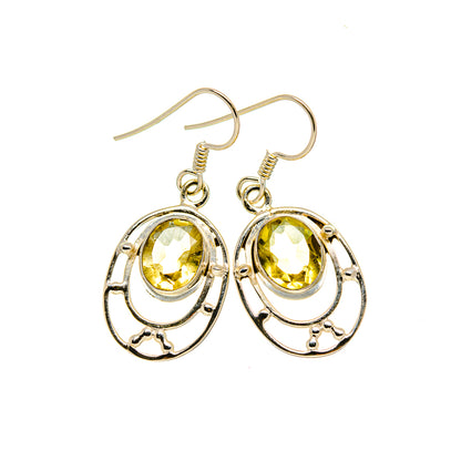 Citrine oval faceted drop earrings in sterling silver, fishhook style, decorative bezel