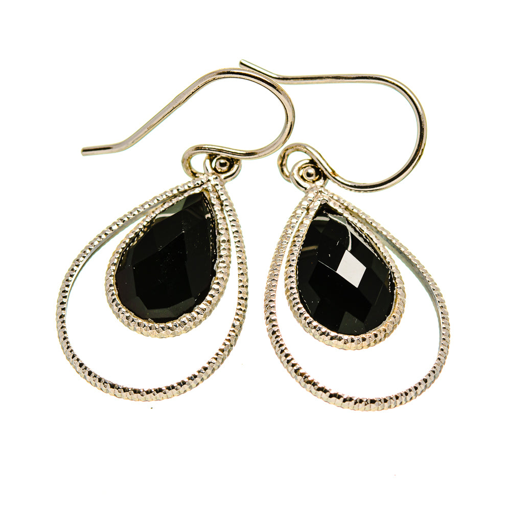 Black onyx teardrop earrings with silver fishhook backs and rope-texture drop frames