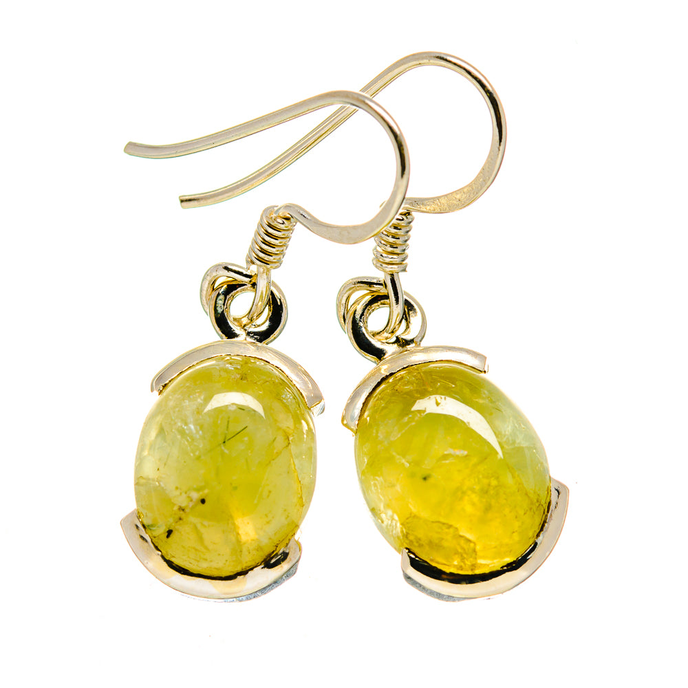 Prehnite drop earrings, 925 sterling silver hoops with yellow-green oval bezel stones.
