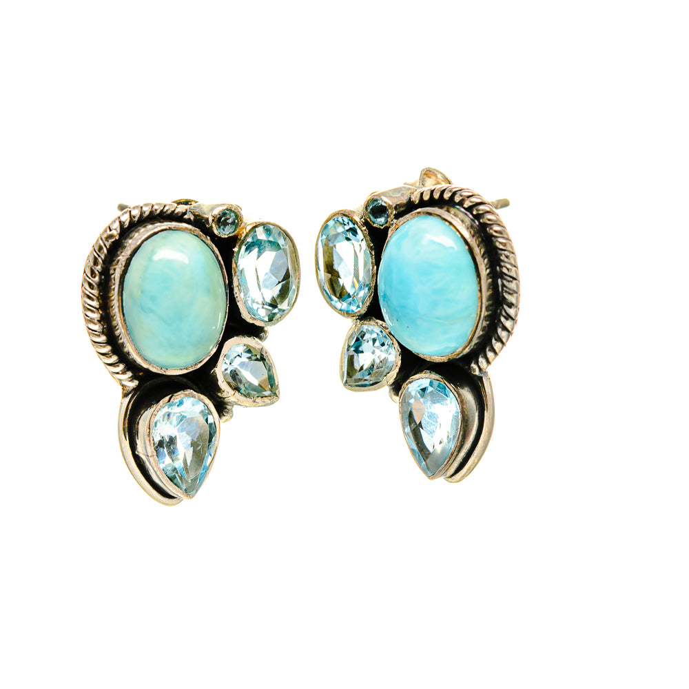 Larimar and blue topaz teardrop earrings, oval cluster, 925 sterling silver