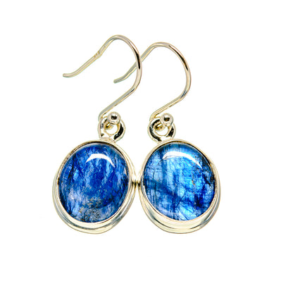 925 sterling silver Kyanite drop earrings, round blue gemstones with hinged fishhook closures