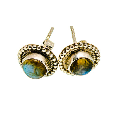 Oval labradorite earrings in ornate silver bezel settings, two-piece pair