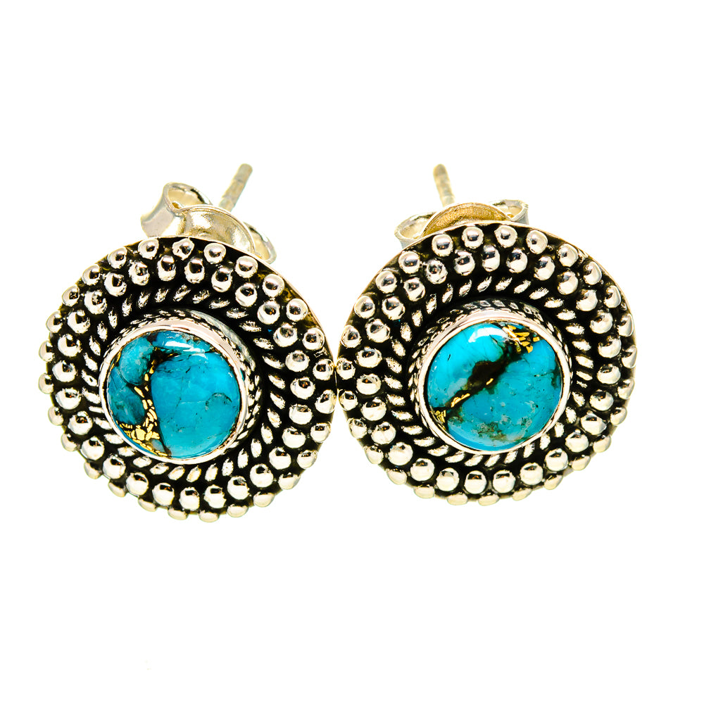 Round turquoise cabochon earrings with ornate beaded silver frame and gold-tone posts