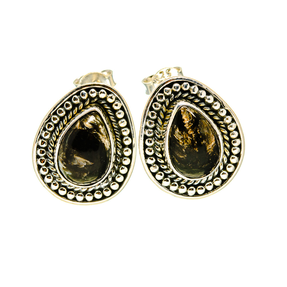 Teardrop earrings with silver bezel, golden-green gemstone, and bead border
