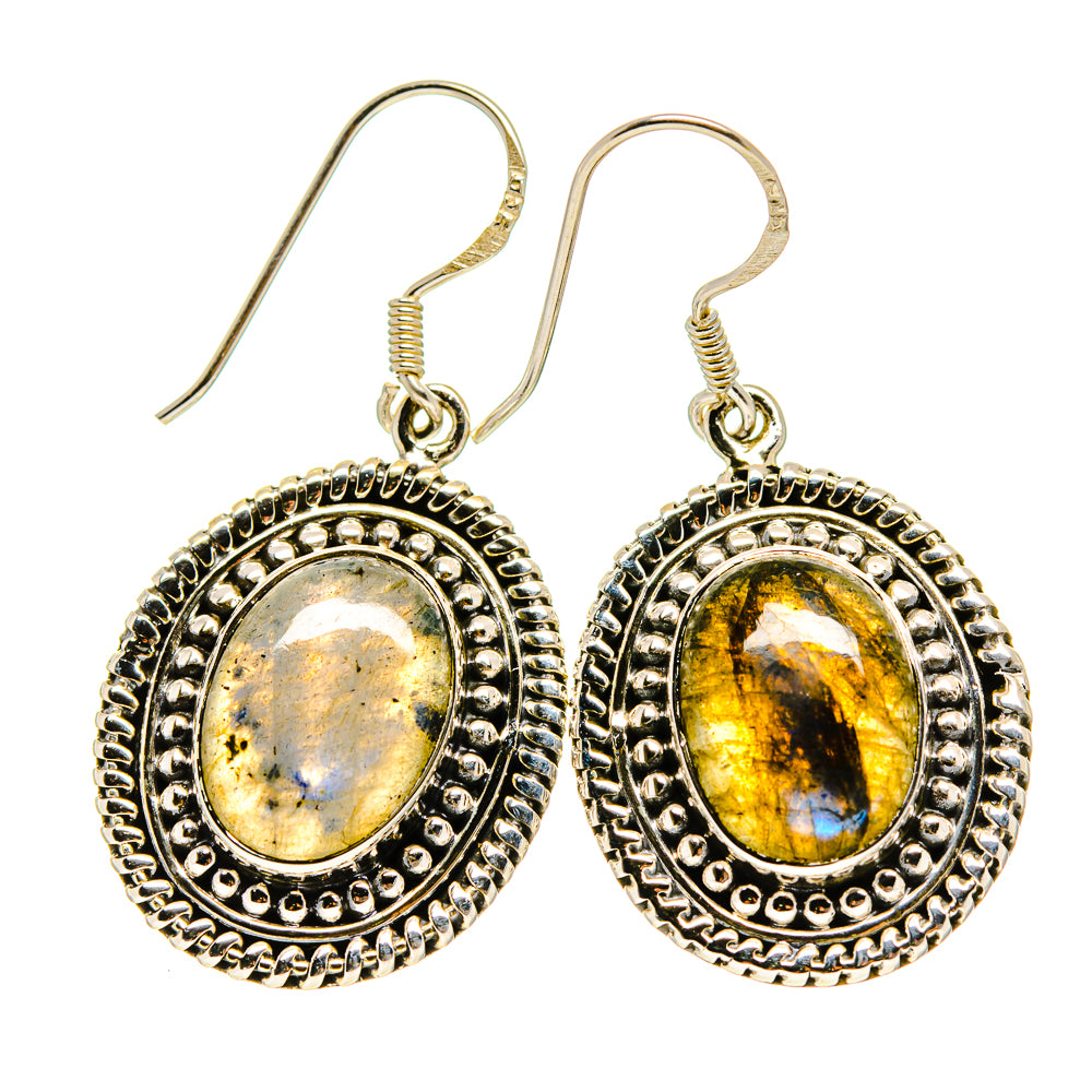 Pair of silver oval labradorite drop earrings with beaded border and fishhook backs