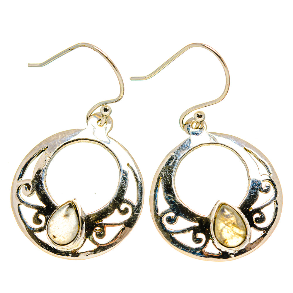 Sterling silver hoop earrings with round labradorite cabochon and ornate filigree
