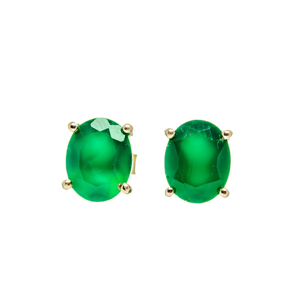 Green onyx oval stud earrings, bezel-set with small round silver posts