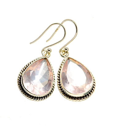 Teardrop rose quartz earrings, silver leverback hooks with braided edge setting