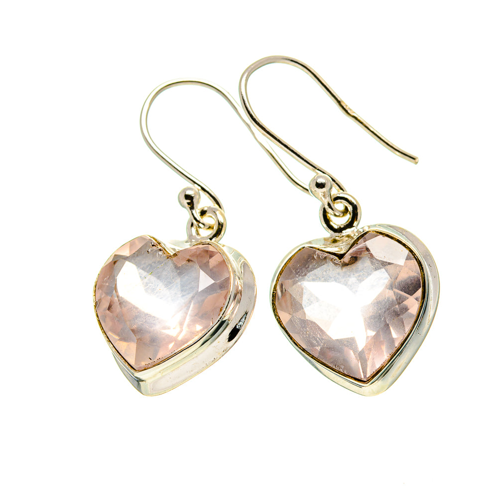Heart-shaped rose quartz dangle earrings, 925 sterling silver heart settings
