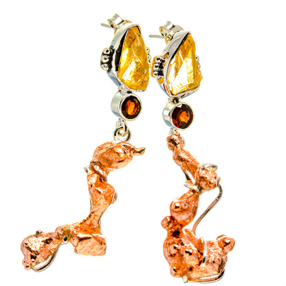 Copper cluster drop earrings with yellow marquise stones and dark red round dangles, 925 silver