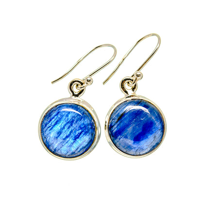 Round kyanite earrings, 925 sterling silver bezel settings, blue stone discs on hooks.