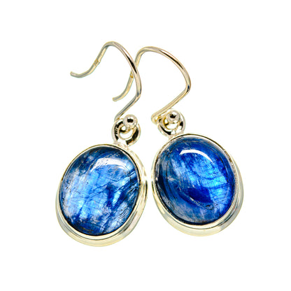 Blue kyanite cabochon dangle earrings in silver with round bezel and hook